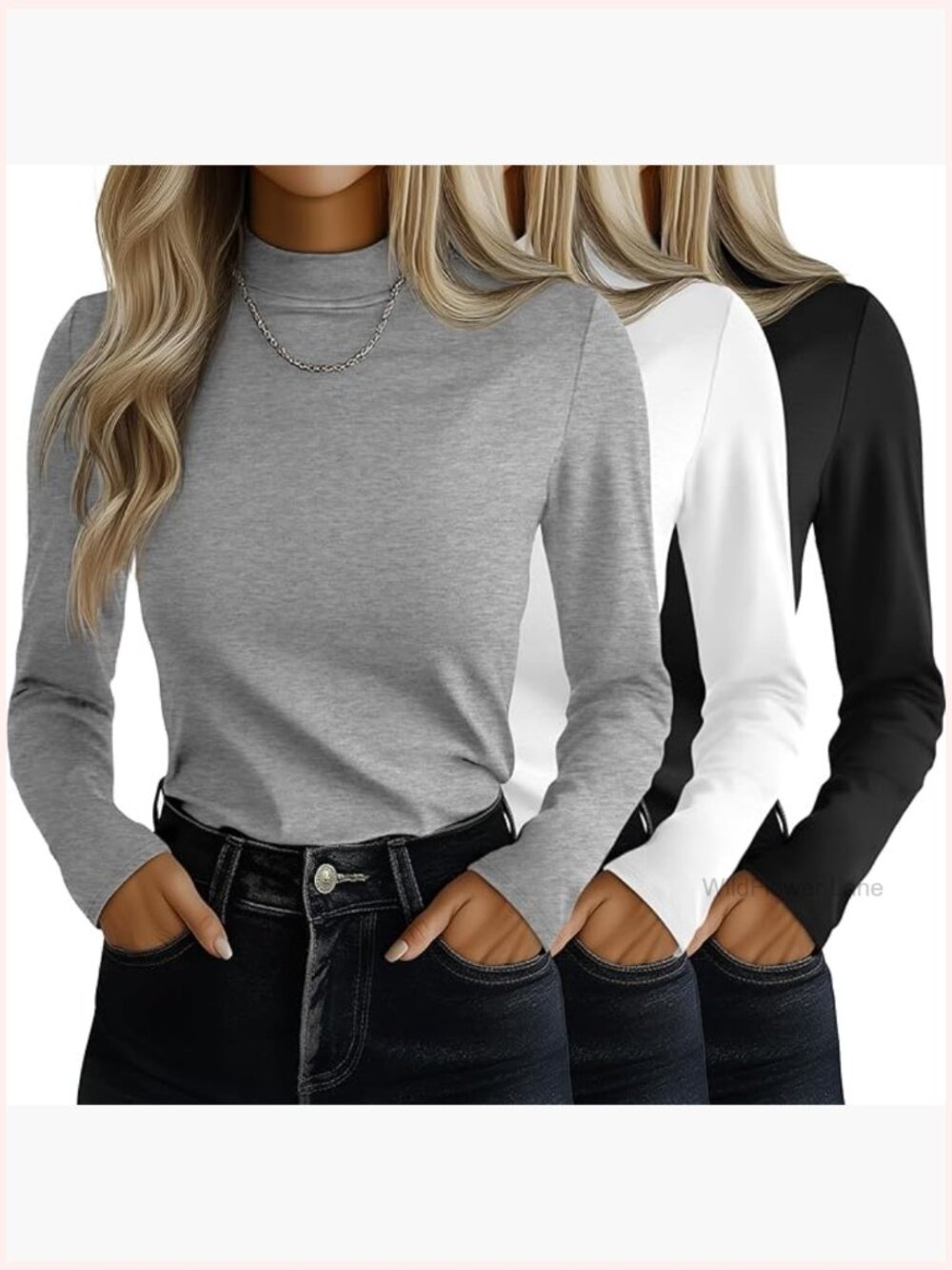 3 Pack Long Sleeve Mock Neck Tops Slim Fit Stretch Undershirt Tee Blouse